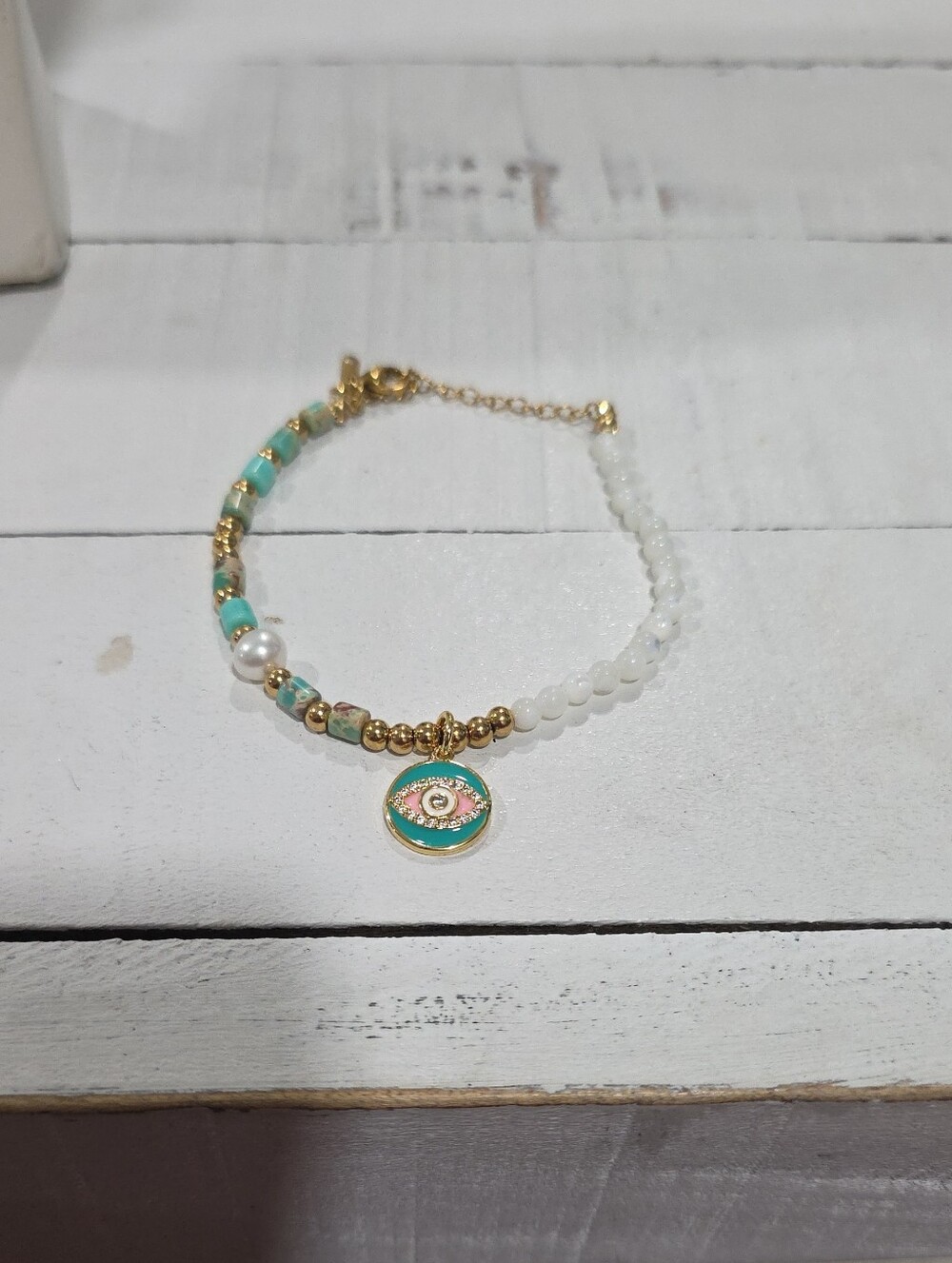 Stainless Steel Gold and Turquoise Beaded Evil Eye Bracelet - Women Jewelry